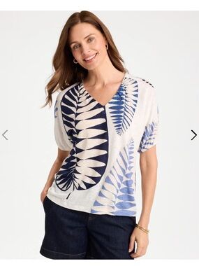 Chicos 100.% Linen Fern Print Dolman Sleeve Top SZ 1/M